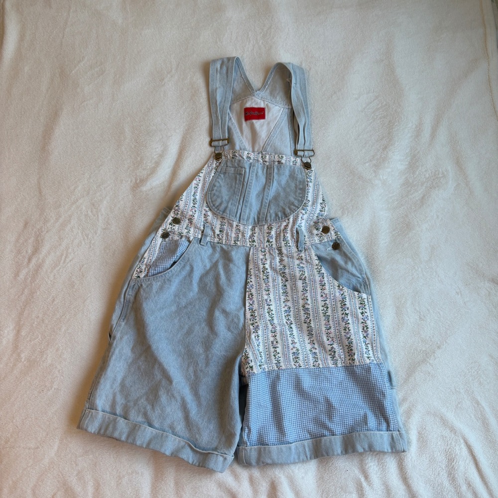 Vintage No Problem Patchwork Denim Overalls Shorts Floral Gingham Cottagecore L